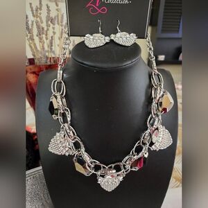 Crystal Heart Drop Necklace & Earring Set - Silver